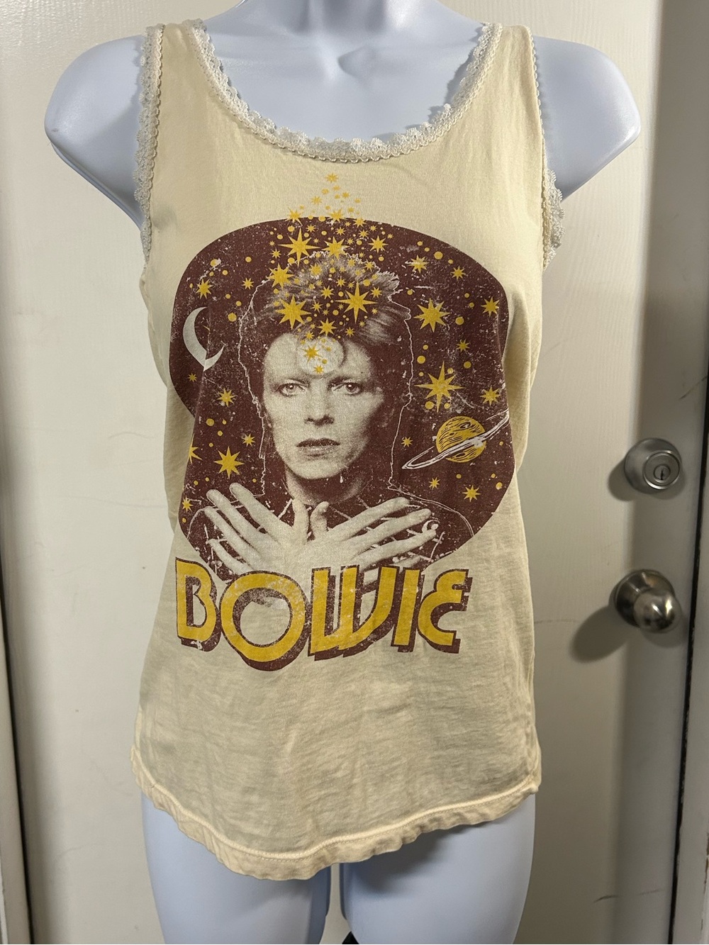 Midnight Rider 100% Cotton Cream Bowie Graphic Lace-Trim Tank